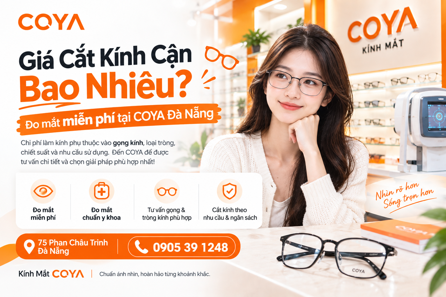Giá cắt kính cận bao nhiêu? Đo mắt miễn phí tại COYA Đà Nẵng